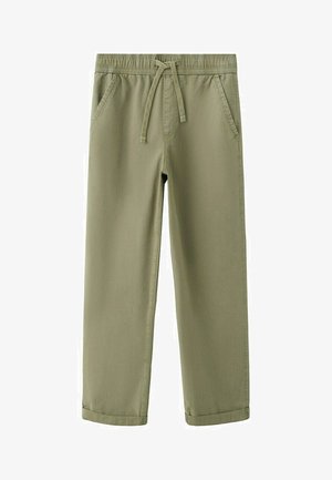 Olivgrüne Freizeithose mit elastischem Bund, Kordelzug, Seitentaschen und hochgekrempelten Säumen, gerade geschnittener Beinverlauf.