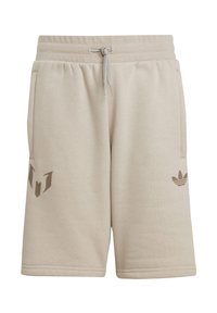 Beige cotton shorts with an elastic waistband and drawstring. Features subtle logos on the left leg and side seam. Smooth texture.