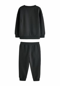 Sort bomulds sweatshirt og matchende bukser med ribbede ærmer og talje. Glat tekstur med en afslappet pasform og enkelt design.