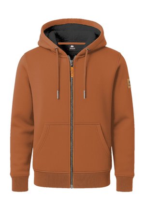 Braune Zip-Hoodie mit schwarzem Innenfutter, ausgestattet mit einem Frontreißverschluss, zwei seitlichen Taschen und gerippten Bündchen sowie Saum. Markenlogo am Ärmel.