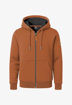 Braune Zip-Hoodie mit schwarzem Innenfutter, ausgestattet mit einem Frontreißverschluss, zwei seitlichen Taschen und gerippten Bündchen sowie Saum. Markenlogo am Ärmel.