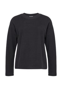 Zwarte langemouwen sweatshirt met een ronde halslijn. Gemaakt van zacht materiaal, heeft een ontspannen fit en ribbelboorden bij de hals en manchetten.