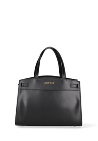 Borsa a mano in pelle nera con un design strutturato, doppio manico superiore, accento del logo dorato e texture liscia con una silhouette minimalista.