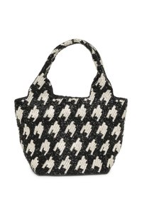 Sac en toile perlé présentant un motif pied-de-poule noir et blanc, un sommet arrondi et des poignées doubles. Surface texturée avec une forme structurée.