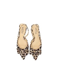 Leopardenmuster Slingback-Absätze mit spitzem Zehenbereich und Schleifendetail. Sie verfügen über ein glattes Stoff-Obermaterial und eine gepolsterte beige Innensohle.