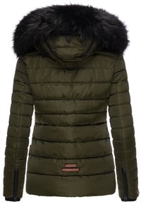 Olive green puffer jacket with a black faux fur hood, horizontal quilted design, zippered pockets, and a brown brand label on the side.
