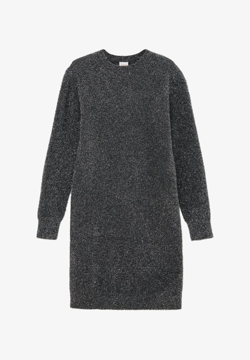 Robe pull gris foncé, à manches longues, longueur genou, texture duveteuse, col rond et coupe décontractée, présentée sur fond uni.