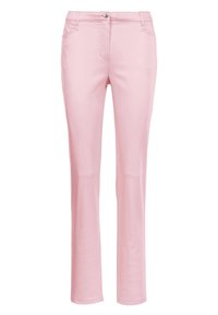 Roze broek van glad materiaal met een rechte pijp. Heeft voorzakken en een enkele knoopsluiting op de taille.
