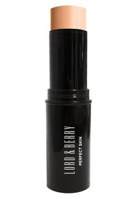 Svart cylindrisk pinne med en persikofärgad topp. Etikett med texten "LORD & BERRY PERFECT SKIN." Slät, glansig yta. Kompakt design.