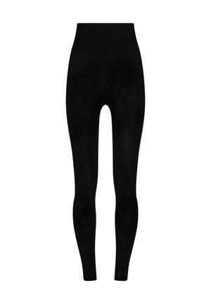 Højtaljede sorte leggings lavet af strækbart stof, med en glat tekstur og tætsiddende form, designet til komfort og nem bevægelse.