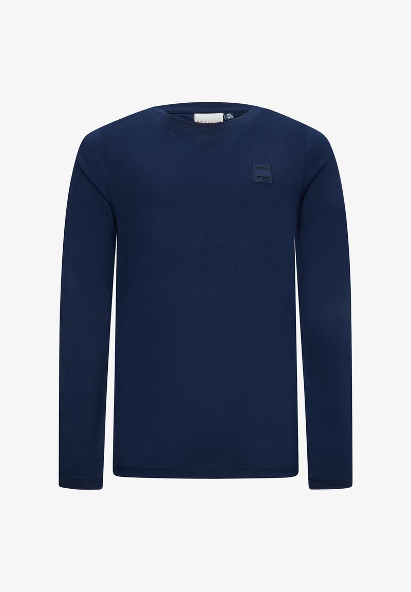 Marineblaues Langarm-T-Shirt aus weichem Stoff, mit rundem Ausschnitt und einem kleinen schwarzen Etikett auf der oberen linken Seite.