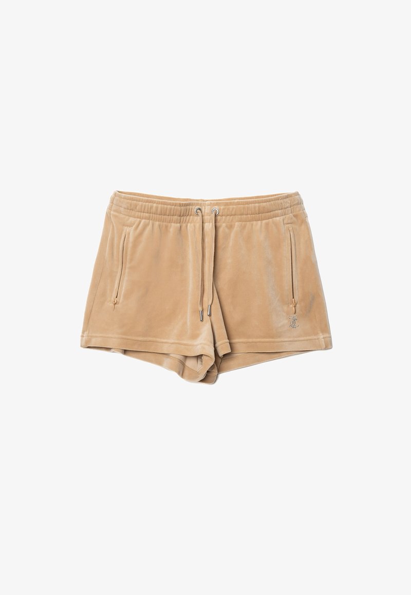 I pantaloni corti di velluto beige presentano una vita elasticizzata con cordino, tasche laterali e una discreta decorazione con logo sul davanti.