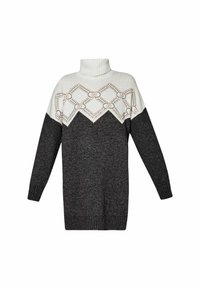 Maglione a collo alto con una parte superiore bianca e una parte inferiore grigio scuro, caratterizzato da un motivo geometrico beige e un orlo a costine.
