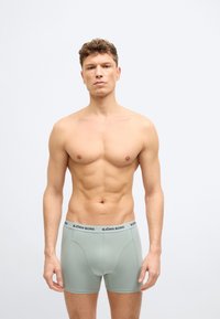 Άνδρας χωρίς μπλούζα με κοντά σγουρά μαλλιά στέκεται κατά πρόσωπο, φορώντας ανοιχτό πράσινο μποξεράκι Björn Borg σε απλό λευκό φόντο.