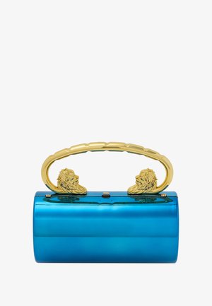 Blue metallic handbag with a rounded shape and gold lion head accents on a curved handle, featuring glossy texture and a secure clasp.
