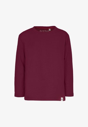 Langærmet T-shirt i mørk burgunderrød bomuld, rund halsudskæring, blød tekstur, med et lille brandmærke i den nederste højre kant.