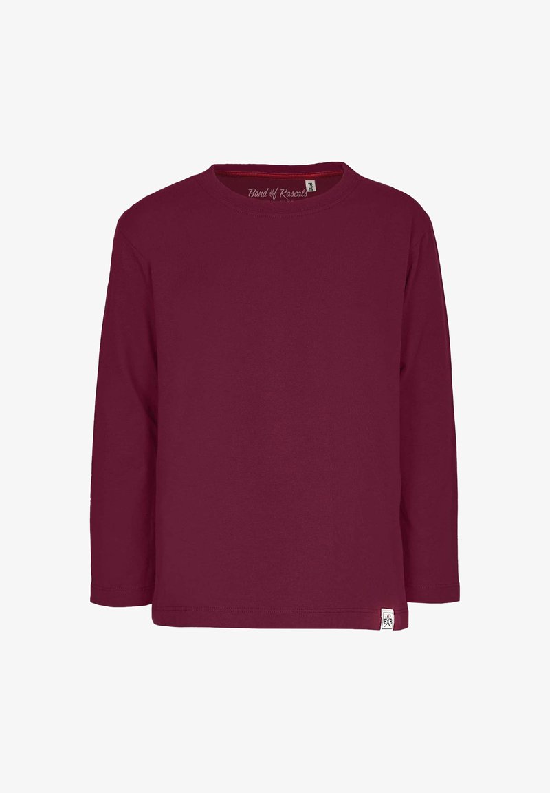 Langærmet T-shirt i mørk burgunderrød bomuld, rund halsudskæring, blød tekstur, med et lille brandmærke i den nederste højre kant.