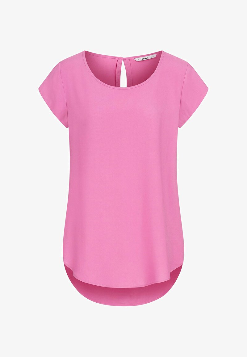 Lyserød kortærmet top med rund halsudskæring, har en nøglehul detalje bagpå og en let længere, buet kant. Glat stoftekstur.