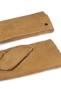 Tansuede-Handschuhe mit glatter Textur, verziert mit dekorativen Nähten, einem Knopfdetail und einer passgenauen Form.