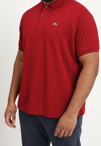 Polo rouge à manches courtes, col plat et un petit logo vert sur la poitrine. Fabriqué en tissu tricoté texturé.