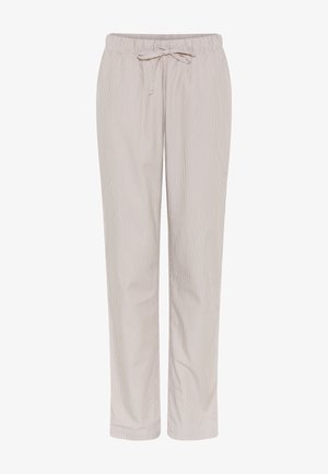 Lys beige pyjamabukser med hvide vandrette striber, med snore i taljen og en afslappet pasform. Glat tekstur, lige ben-design.