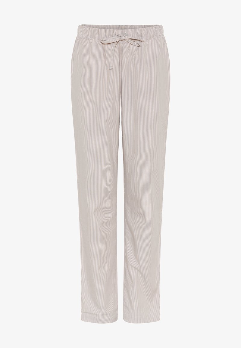 Lys beige pyjamabukser med hvide vandrette striber, med snore i taljen og en afslappet pasform. Glat tekstur, lige ben-design.