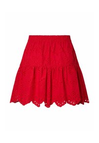 Mini-jupe rouge à volants avec broderie à œillets, ourlet festonné et taille élastique.