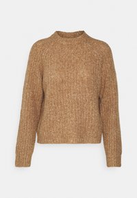 Brązowy sweter dziany o teksturowanym wykończeniu, okrągłym dekolcie i długich rękawach. Charakteryzuje się luźnym krojem i ściągaczem u dołu.