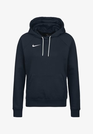 Marineblauwe Nike-hoodie met witte trekkoorden, voorvak in kangoeroestijl en wit Nike-swooshlogo op de linkerborst.