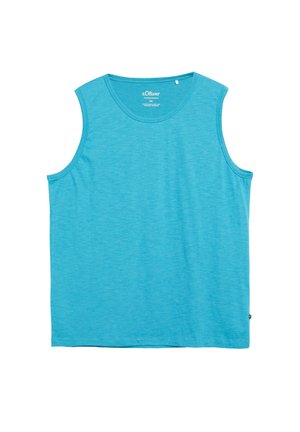 Blaues ärmelloses Shirt mit Rundhalsausschnitt, sichtbaren Nähten und kleinem Markenetikett im Halsausschnitt und am seitlichen Saum.