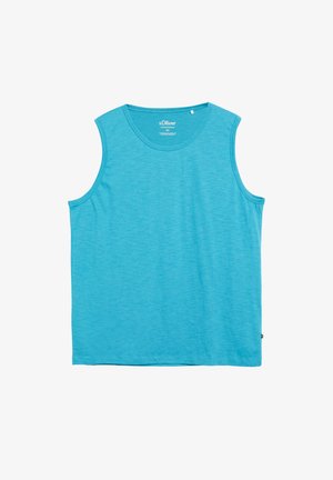 Blauw mouwloos T-shirt met ronde hals, zichtbare stiksels en een klein merklabel aan de binnenkant van de halslijn en op de zijzoom.