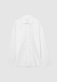 Camicia bianca a maniche lunghe con colletto classico, chiusura a bottoni, tessuto di cotone liscio e leggera texture sulla superficie. Vestibilità standard.