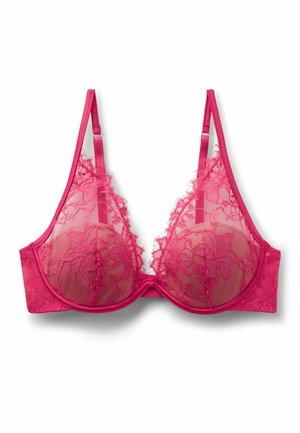 Rosa Spitze Bügel-BH mit floraler Stickerei, verstellbaren Schulterträgern und transparenten Netzschalen vor weißem Hintergrund.