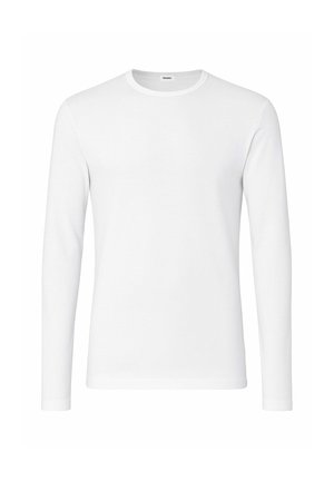 T-shirt bianca a maniche lunghe realizzata in un tessuto morbido, con scollo rotondo e un design semplice senza motivi o accenti.