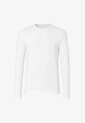 T-shirt bianca a maniche lunghe realizzata in un tessuto morbido, con scollo rotondo e un design semplice senza motivi o accenti.