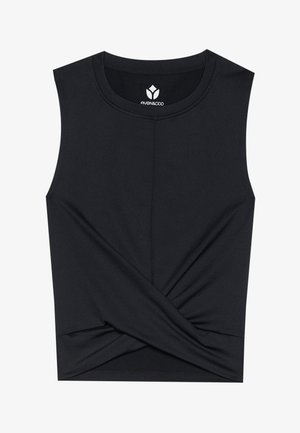 Čierny top bez rukávov vyrobený z hladkej, elastickej látky. Má prekrútený detail vpredu a spevnený výstrih s viditeľným šitím.