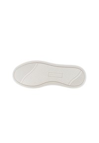 Suola di scarpa in gomma bianca con superficie texturizzata, caratterizzata da un motivo a diamante e scanalature orizzontali per trazione. Logo del brand in rilievo.