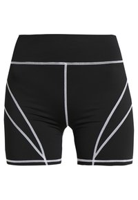 Czarne sportowe szorty wykonane z elastycznego materiału, z ukośnymi białymi szwami oraz wysokim pasem zapewniającym wsparcie.