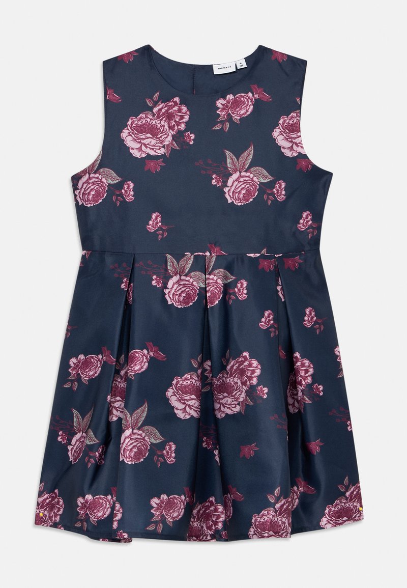Tengerész kék ujjatlan ruha rózsaszín virágmintával és plisszírozott szoknyával, gyermekek számára tervezve, 128-as méretben.