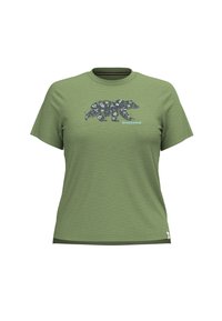 groene T-shirt met korte mouwen, gemaakt van zacht materiaal, met een berenafbeelding in donkere kleuren en bloemaccenten, en de merknaam "Smartwool."