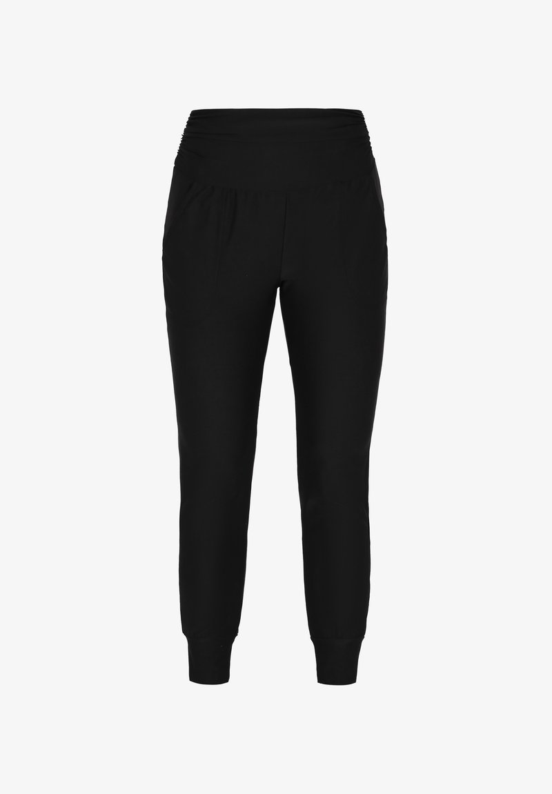 Schwarze Jogginghose mit enger Bündchen, elastischem Bund und zwei seitlichen Taschen; aus weichem, dehnbarem Material gefertigt.