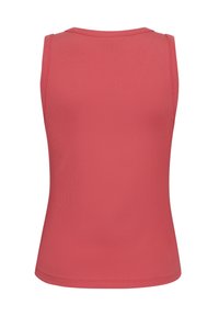 Ærmeløs koral tanktop lavet af ribbet stof, med en rund halsudskæring og tætsiddende design. Ingen synlige mønstre eller accenter.