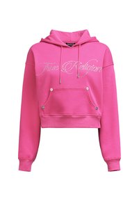 Różowa krótka bluza z miękkiego materiału, z przednią kieszenią, kapturem na sznurki oraz detalami w postaci srebrnych cyrkonii w logo.