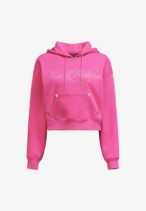 Różowa krótka bluza z miękkiego materiału, z przednią kieszenią, kapturem na sznurki oraz detalami w postaci srebrnych cyrkonii w logo.