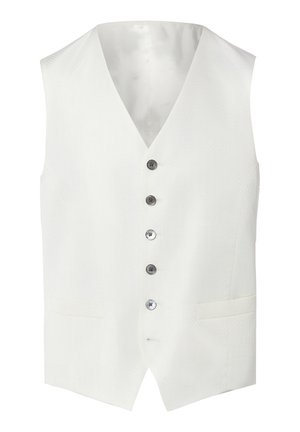 Weißer, strukturierter Herrenweste mit fünf Knöpfen und zwei Fronttaschen, ausgestattet mit V-Ausschnitt und tailliertem Schnitt.