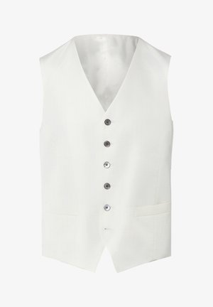 Weißer, strukturierter Herrenweste mit fünf Knöpfen und zwei Fronttaschen, ausgestattet mit V-Ausschnitt und tailliertem Schnitt.