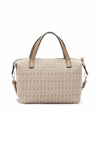 Borsa a tracolla beige con motivo, manici corti, forma rettangolare e chiusura con zip. Presenta una tracolla rimovibile e dettagli testurizzati.