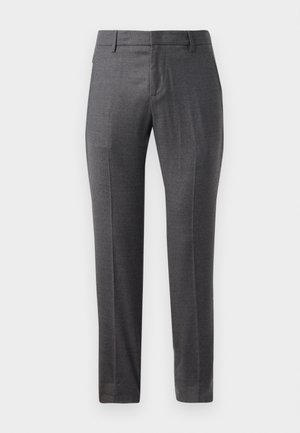 Gray wool trousers with a flat front, slim fit, subtle texture, and a classic design. Features side pockets and a zip fly.