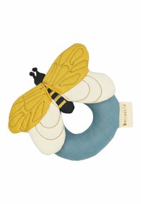 Anello da dentizione in peluche a forma di ape con ali in tessuto giallo e bianco, cuciture nere e una base circolare blu morbida.