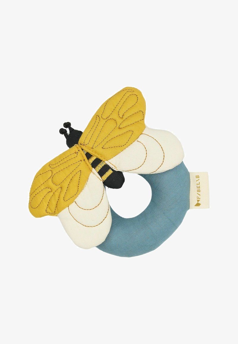 Anello da dentizione in peluche a forma di ape con ali in tessuto giallo e bianco, cuciture nere e una base circolare blu morbida.